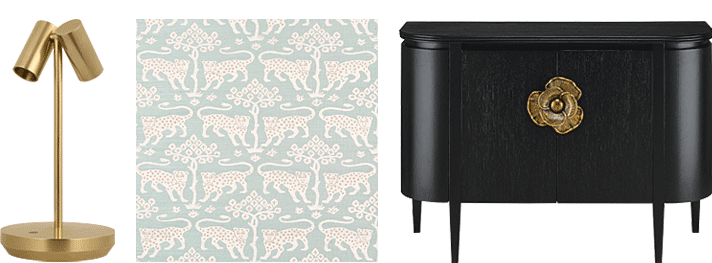 City Lights Detroit lamp, Schumacher wallcovering, and CAI Designs demi-lune